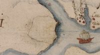 A close inspection of John White's map, 'La Virginea Pars,' revealed two faint outlines that appeared to be repairs: small pieces of paper had been used to cover an error. One of the repairs was left totally blank, with no correction drawn over the amendment