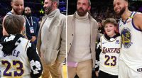 Ben Affleck’s mini-me son, Samuel, rocks Lakers jersey while chatting with Warriors star Steph Curry at NBA game