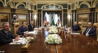 The US and Russian delegations have been pictured attending the bilateral meeting at the Diriyah Palace this morning