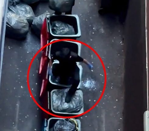 The Hungry Jack's employee was filmed stomping rubbish into overfilled bins