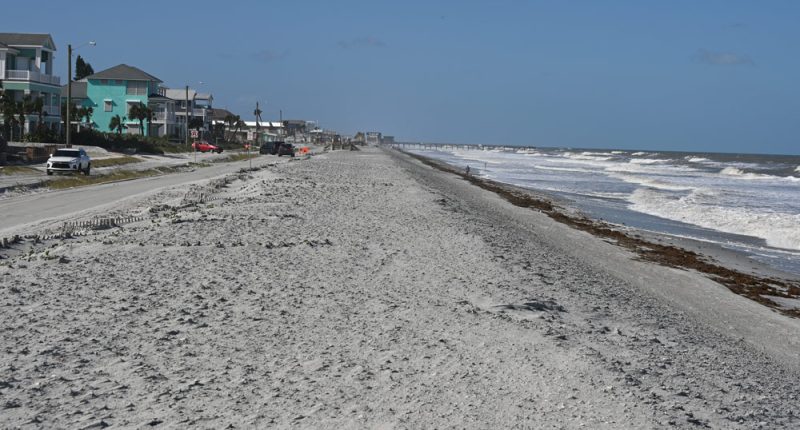 The state established an Erosion Control Line, delineating seaward state property from upland private property, along the more than 3 miles of beaches in Flagler Beach that were rebuilt (or renourished) last year by the U.S. Army Corps of Engineers. That line is permanent, and will define where the beach must be rebuilt, every time it is eroded. A similar line is about to be set north of the Flagler Beach pier. (© FlaglerLive)