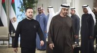 United Arab Emirates President Sheikh Mohammed bin Zayed Al Nahyan, centre right, and Ukrainian President Volodymyr Zelenskyy during their meeting in Abu Dhabi today