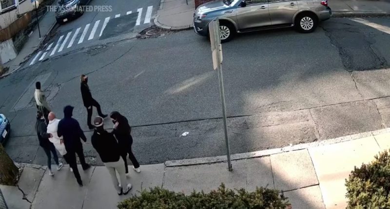 A still from surveillance Camera footage of Ozturk being handcuffed by six plainclothed officers in Somerville, Mass., on March 25, 2025.