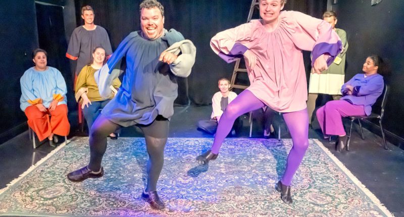Beau Wade, left, and Ethan Fink get jiggy in “Midsummer Vaudeville,” a scene in City Repertory Theatre’s “RockabillieWillie.” The quirky take on Shakespeare runs May 2-11. (Mike Kitaif)