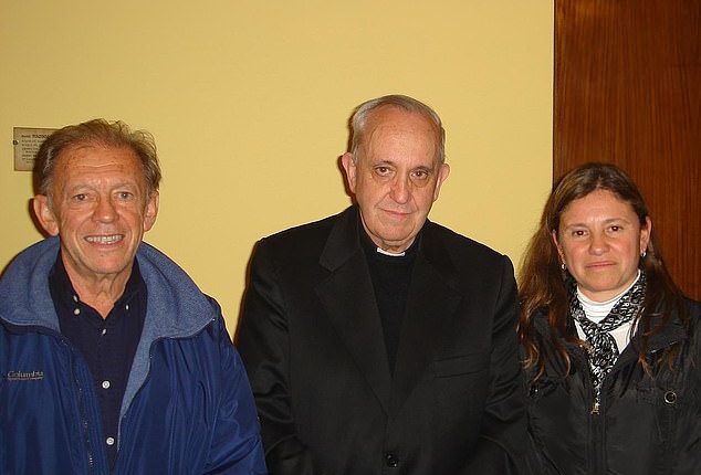 Pope Francis with his grandniece, Dr. Carolina Bergoglio (right), and her father and the late pontiff's third cousin, Jorge Mario Bergoglio (left)
