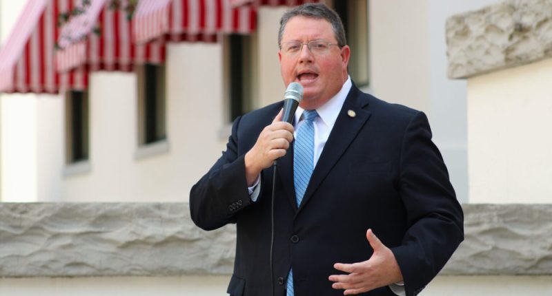 Rep. Randy Fine speaks at an anti-abortion rally on the steps of the Historic Florida Capitol Building. May 24, 2022.