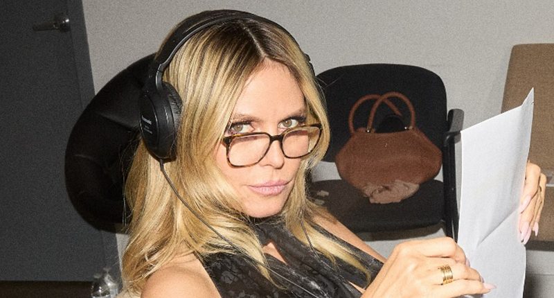 Heidi Klum goes pantless in just sheer tights as she tapes voiceovers for Germany’s Next Top Model