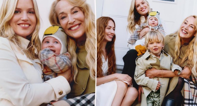Jerry Hall poses with daughters Georgia May and Lizzy Jagger, plus her grandchildren, for Burberry Mother’s Day ad