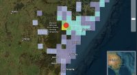 A 4.6 magnitude earthquake was recorded in the NSW Hunter Region (pictured, the earthquake epicentre is marked in red. Felt reports are marked with yellow indicating reports of a strong tremor and purple weak tremors)