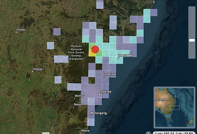 A 4.6 magnitude earthquake was recorded in the NSW Hunter Region (pictured, the earthquake epicentre is marked in red. Felt reports are marked with yellow indicating reports of a strong tremor and purple weak tremors)