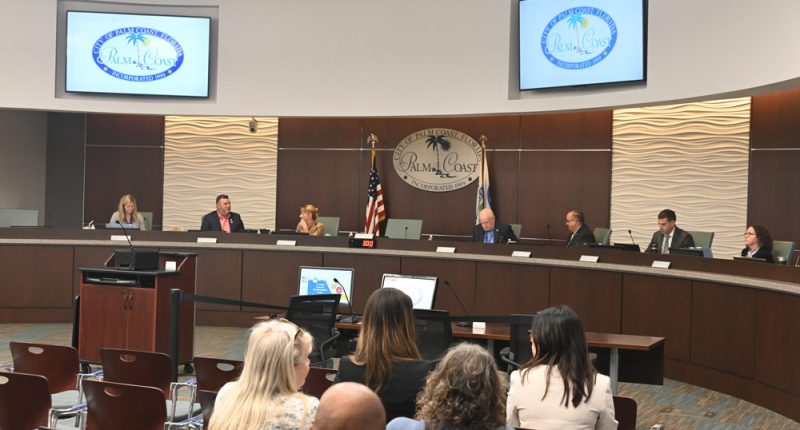 The Palm Coast City Council today, minus Mayor Mike Norris. (© FlaglerLive)