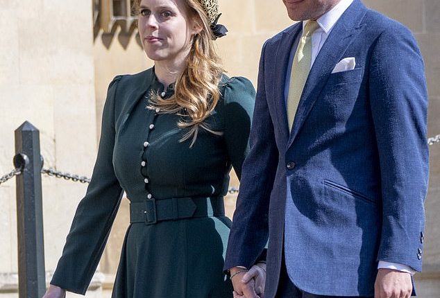 Princess Beatrice, 36, was seen making a striking fashion statement in a stylish gold headband as she arrived at the royal Easter service with her husband Edoardo Mapelli Mozzi
