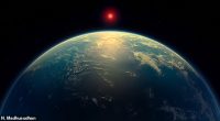 An illustration of a Hycean world, which experts believe K2-18b could be, orbiting its red dwarf star