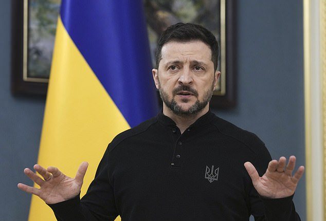 Ukrainian President Volodymyr Zelensky addresses a press conference in Kyiv, Ukraine
