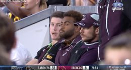 Ezra Mam (centre) appeared at the Suncorp Stadium to watch the Brisbane Broncos play on Sunday