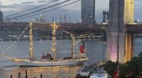 The vessel was seen in horrifying footage colliding with Brooklyn Bridge just before 9pm on Friday night
