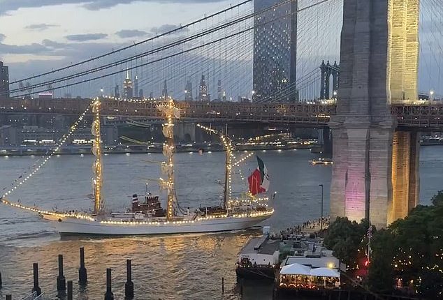The vessel was seen in horrifying footage colliding with Brooklyn Bridge just before 9pm on Friday night