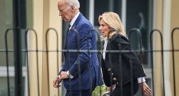 Former President Joe Biden, with his wife Jill Biden, walks to St. Joseph on the Brandywine Catholic Church for services marking the anniversary of the death of Beau Biden