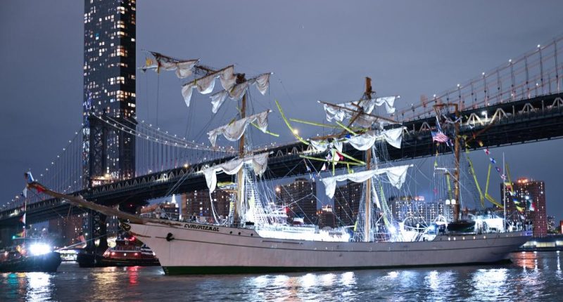 Dramatic video shows oblivious onlooker posing as Mexican ship crashes into Brooklyn Bridge