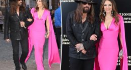 Elizabeth Hurley makes red carpet debut with boyfriend Billy Ray Cyrus in vibrant Barbie-pink gown