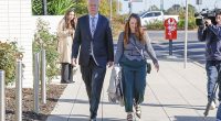 Simon Patterson and his media representative Jessica O'Donnell enter the Latroba Valley law courts on Friday