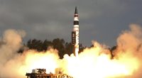 India's Agni-V missile, with a range of 5,000 kilometers (3,100 miles), lifts off from the launch pad at Wheeler Island off India's east coast
