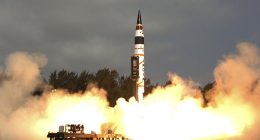 India's Agni-V missile, with a range of 5,000 kilometers (3,100 miles), lifts off from the launch pad at Wheeler Island off India's east coast