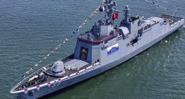A launch ceremony for a new North Korean naval destroyer went horribly wrong in front of 'supreme' leader Kim Jong Un, according to state media. Pictured: A different naval destroyer unveiled in Nampo, North Korea, last month