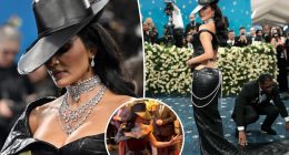 Kim Kardashian appears agitated after security guard trips over her Met Gala 2025 gown