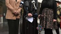 Sisters Elly Sapper, Nicole Meyer and Dassi Erlich are seen reading statements about the impact of Malka Leifer's offending outside Victoria's County Court in June, 2023