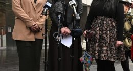 Sisters Elly Sapper, Nicole Meyer and Dassi Erlich are seen reading statements about the impact of Malka Leifer's offending outside Victoria's County Court in June, 2023