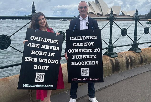 An activist known as Billboard Chris (right) who advocates against transgender treatment for minors is embroiled in an Australian push to censor his content on the American social media company X