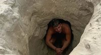 Airport worker Jensen Sturgeon was trying to dig as deep as he could on the famed beach at Rio de Janeiro but he struck water and the hole quickly collapsed around him.