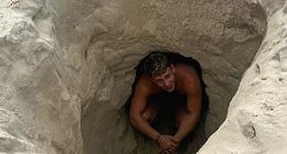 Airport worker Jensen Sturgeon was trying to dig as deep as he could on the famed beach at Rio de Janeiro but he struck water and the hole quickly collapsed around him.