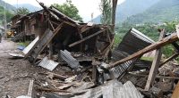 A view of a damaged shops that was destroyed by Pakistani artillery shelling as they prepare to evacuate at the Lagama village in Uri, about 100kms from Srinagar, on May 9, 2025