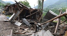A view of a damaged shops that was destroyed by Pakistani artillery shelling as they prepare to evacuate at the Lagama village in Uri, about 100kms from Srinagar, on May 9, 2025