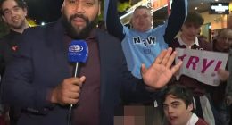 Channel Nine's pre-game Origin coverage from Suncorp Stadium was certainly colourful - with one live cross featuring Queensland great Sam Thaiday (pictured) memorable for all the wrong reasons