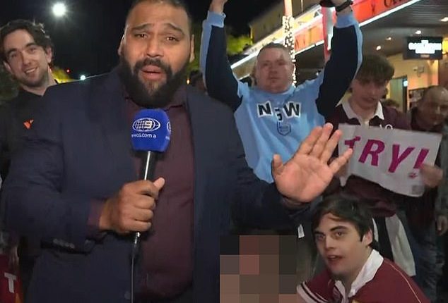 Channel Nine's pre-game Origin coverage from Suncorp Stadium was certainly colourful - with one live cross featuring Queensland great Sam Thaiday (pictured) memorable for all the wrong reasons