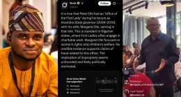 Peter Obi accused of lying about scrapping wife’s office, labeled 419 by critic