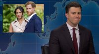 Prince Harry and Meghan Markle were mocked on Saturday Night Live yesterday as host Colin Jost (right) made a brutal joke about the couple