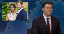 Prince Harry and Meghan Markle were mocked on Saturday Night Live yesterday as host Colin Jost (right) made a brutal joke about the couple