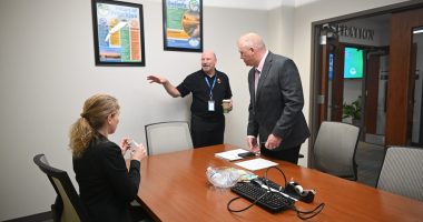 Doug Thomas, center, executive vice president of SGR, the executive recruiting firm, setting up one of the one-on-one interviews of candidate Rich Hough with City Council member Theresa Pontieri at City Hall last week. (© FlaglerLive)