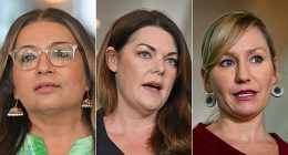 Queensland senator Larissa Waters (right) triumphed over South Australian Sarah Hanson-Young (middle) and Mehreen Faruqi (left) from NSW