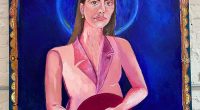 The painting (pictured) by UK-based Australian artist Jessie Lee Nash appears to make reference to religious iconography, with a halo painted above Higgins' head