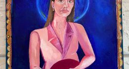 The painting (pictured) by UK-based Australian artist Jessie Lee Nash appears to make reference to religious iconography, with a halo painted above Higgins' head