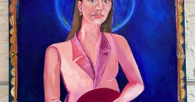 The painting (pictured) by UK-based Australian artist Jessie Lee Nash appears to make reference to religious iconography, with a halo painted above Higgins' head
