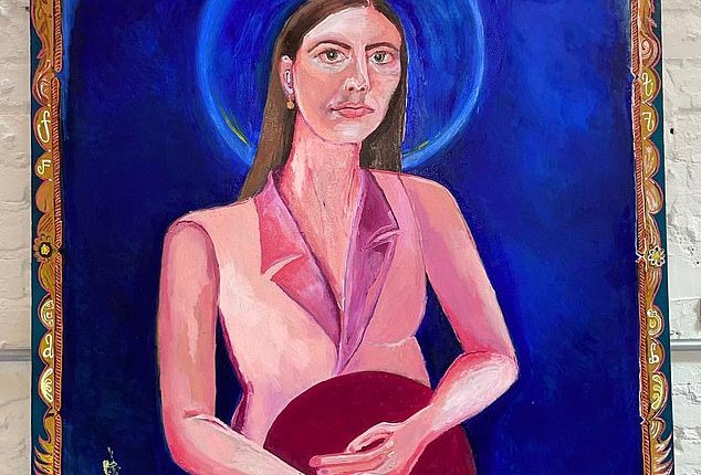 The painting (pictured) by UK-based Australian artist Jessie Lee Nash appears to make reference to religious iconography, with a halo painted above Higgins' head