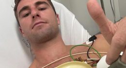Melbourne footy player Nash Holmes has revealed a trip to Bali left him with a bone eating disease that ate away at his hip and almost killed him (pictured, in hospital)