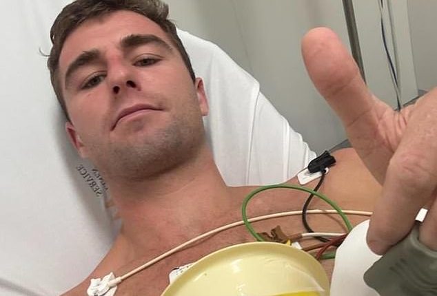Melbourne footy player Nash Holmes has revealed a trip to Bali left him with a bone eating disease that ate away at his hip and almost killed him (pictured, in hospital)