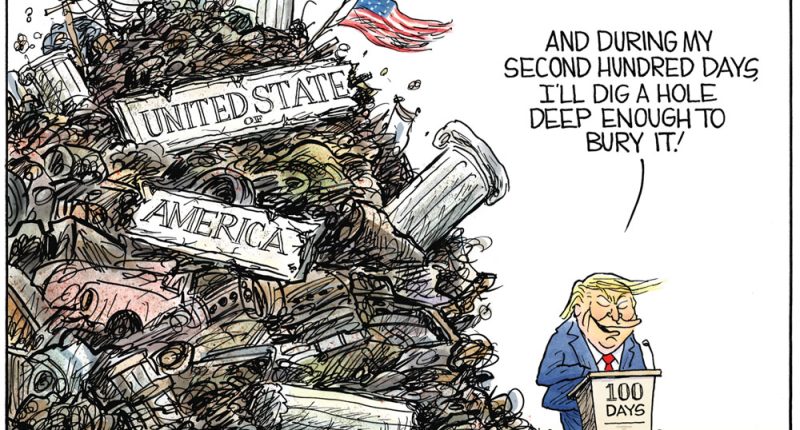 Trump Looks To Next 100 Days by Christopher Weyant, The Boston Globe